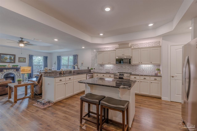 kitchen featuring a sink, a peninsula, a tray ceiling, and stainless steel appliances