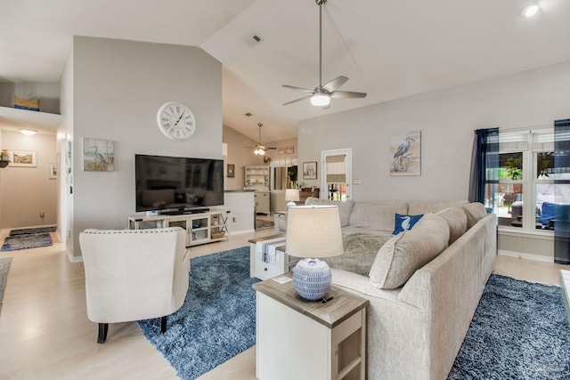 905 Shadow Ridge Dr, Pensacola, FL 32514 - living area featuring ceiling fan, high vaulted ceiling, light wood finished floors, and baseboards