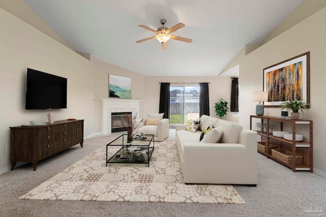 1978 Coral Reef Rd, Pensacola, FL 32506 - carpeted living area featuring lofted ceiling, ceiling fan, baseboards, and a tile fireplace