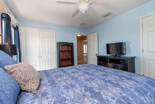 bedroom with a closet, visible vents, and a ceiling fan