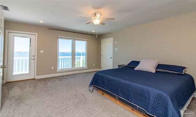 bedroom featuring recessed lighting, carpet, visible vents, baseboards, and ceiling fan