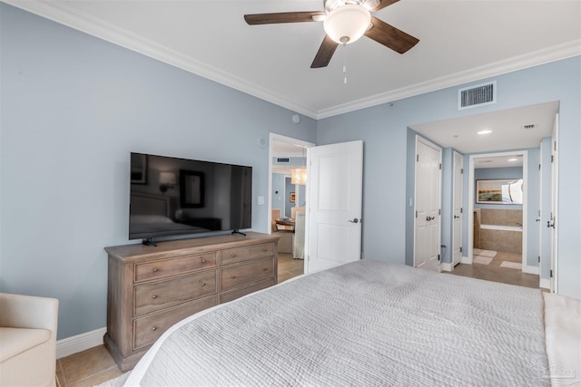 bedroom with light tile patterned floors, crown molding, ensuite bath, and ceiling fan