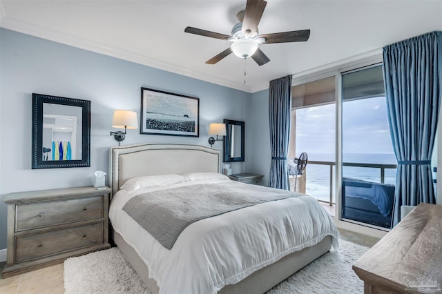 tiled bedroom with ornamental molding, a water view, access to exterior, and ceiling fan