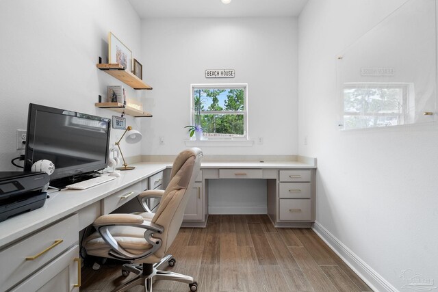 office space featuring built in desk and hardwood / wood-style flooring