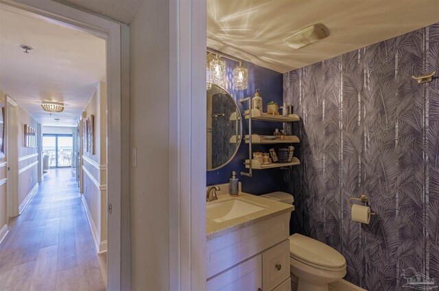 half bath featuring toilet, wood finished floors, and vanity