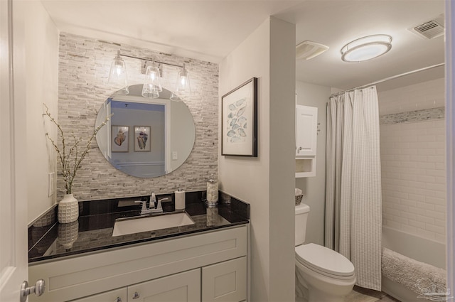 bathroom featuring vanity, visible vents, shower / bath combination with curtain, toilet, and backsplash