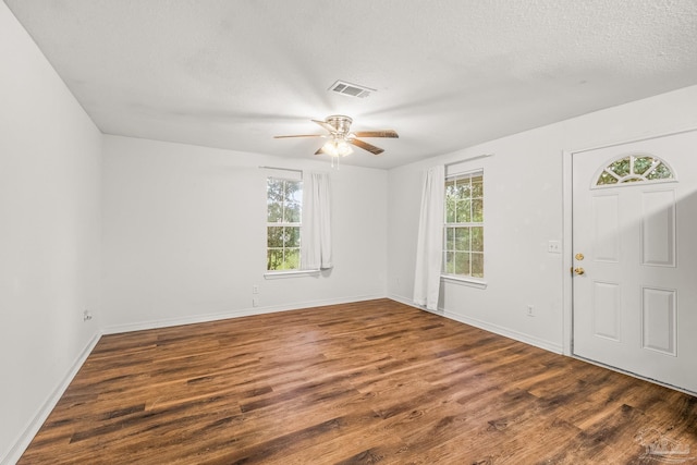 entryway with ceiling fan, dark hardwood / wood-style floors, and plenty of natural light