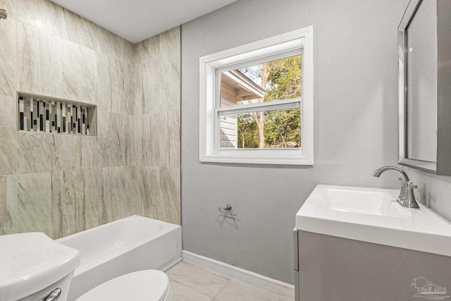 full bathroom featuring vanity, bathtub / shower combination, and toilet