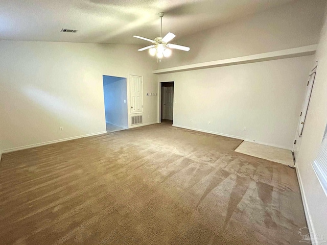 unfurnished bedroom featuring ceiling fan, carpet, a textured ceiling, and high vaulted ceiling