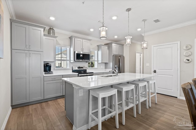 kitchen featuring a center island with sink, gray cabinets, stainless steel appliances, and a sink