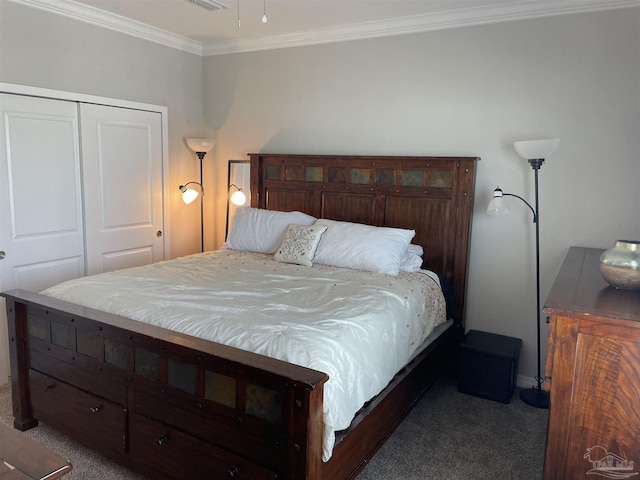 carpeted bedroom with a closet and ornamental molding