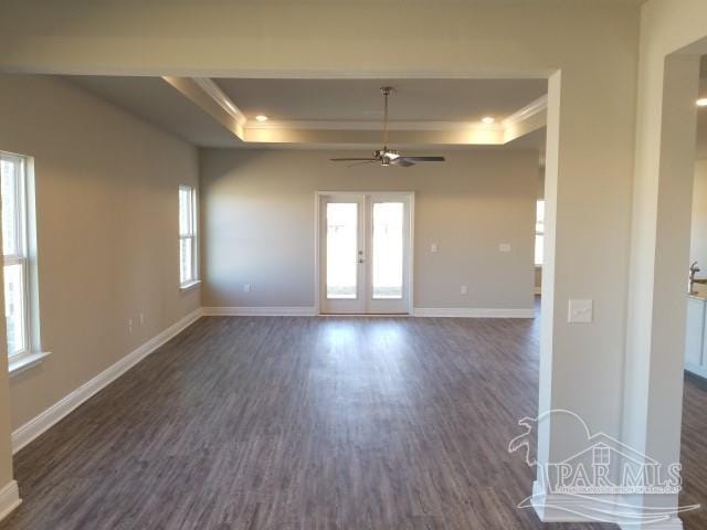 spare room featuring a raised ceiling, dark wood-type flooring, and a healthy amount of sunlight