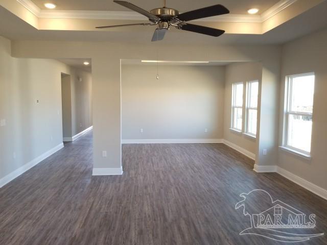 empty room featuring dark hardwood / wood-style floors, ornamental molding, and a tray ceiling