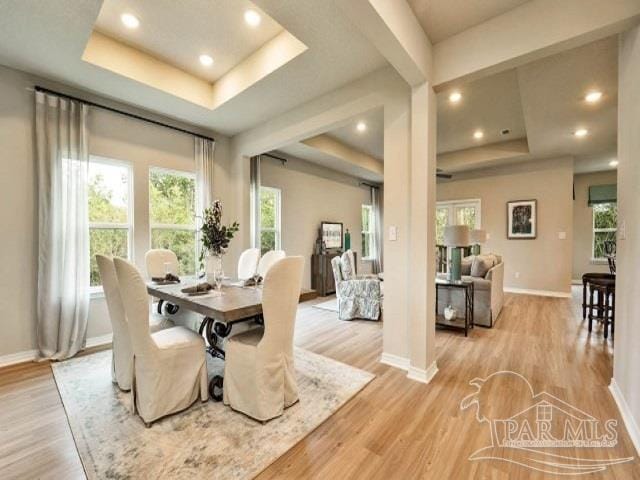 dining area with a tray ceiling and light hardwood / wood-style floors