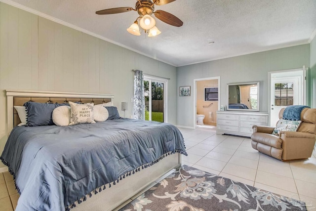 tiled bedroom featuring connected bathroom, access to exterior, ceiling fan, a textured ceiling, and crown molding