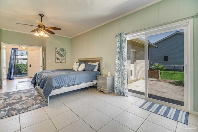 bedroom featuring light tile patterned flooring, ceiling fan, crown molding, and access to exterior