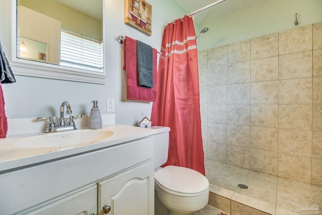 bathroom with toilet, vanity, and walk in shower