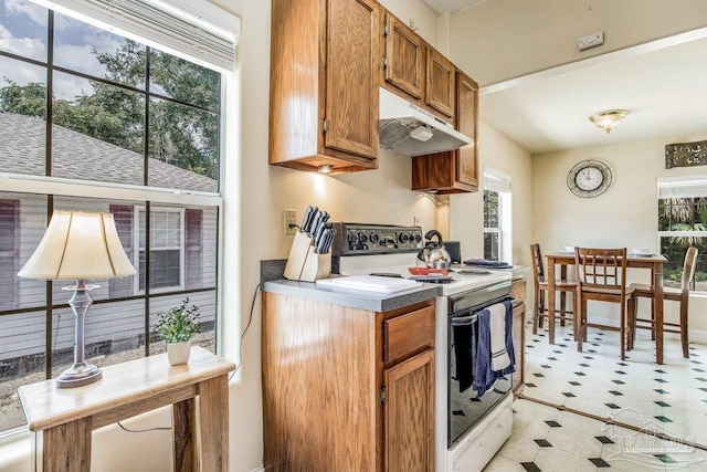 518 W Strong St Unit A & B, Pensacola, FL 32501 - kitchen featuring plenty of natural light, under cabinet range hood, brown cabinets, white electric range, and light floors