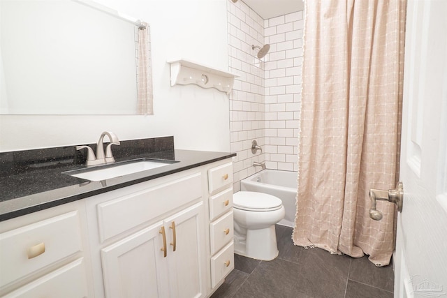 full bathroom with vanity, toilet, tile patterned flooring, and shower / bath combo with shower curtain