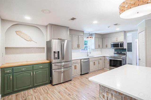 kitchen with appliances with stainless steel finishes, butcher block countertops, sink, decorative backsplash, and light wood-type flooring