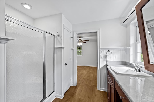 1213 Tecumseh Pl, Pensacola, FL 32514 - full bath with a stall shower, vanity, wood finished floors, and ceiling fan