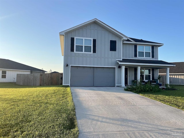 traditional-style home featuring a porch, fence, a front lawn, and concrete driveway