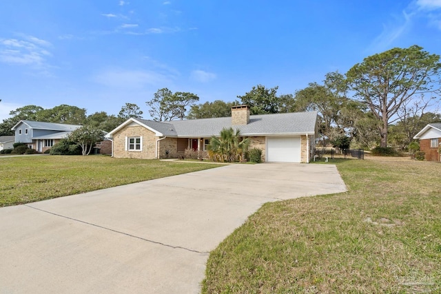 single story home with a front lawn, concrete driveway, a garage, brick siding, and a chimney