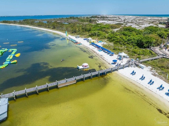 drone / aerial view with a beach view and a water view