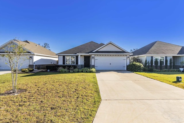 single story home with a front yard and a garage