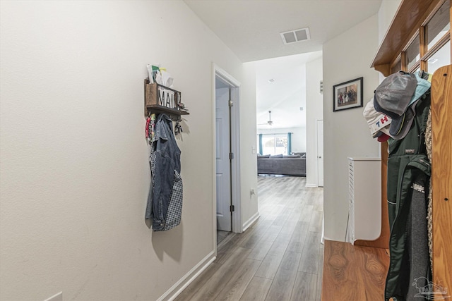 hall with lofted ceiling and wood-type flooring