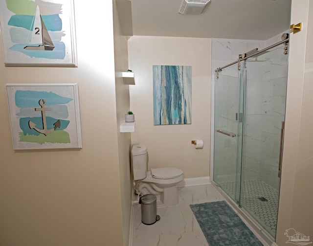 full bath with visible vents, marble finish floor, a stall shower, and toilet