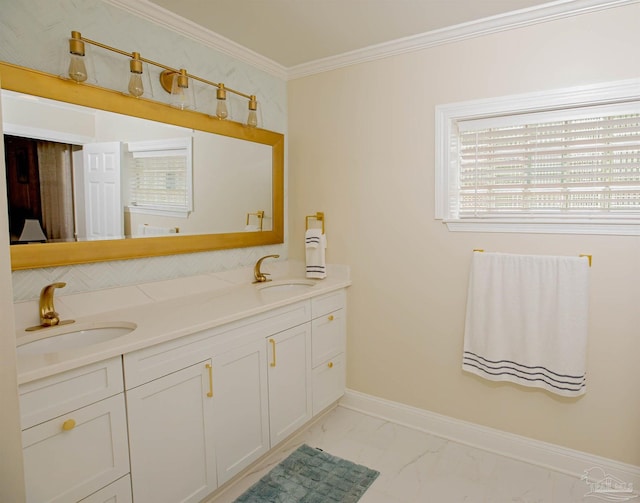 full bathroom with ornamental molding, a wealth of natural light, and a sink