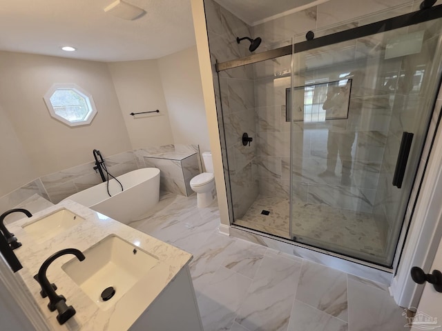 5674 Windsong Dr, Milton, FL 32570 - bathroom with a shower stall, marble finish floors, toilet, a soaking tub, and recessed lighting