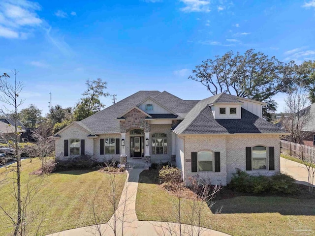 view of front facade with a shingled roof, fence, and a front lawn