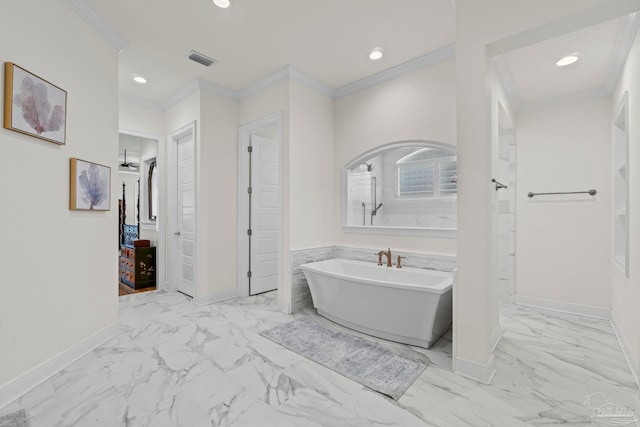 full bath with baseboards, a soaking tub, marble finish floor, crown molding, and recessed lighting