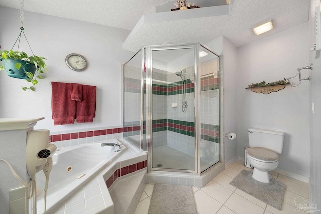 bathroom featuring toilet, separate shower and tub, a textured ceiling, and tile patterned flooring