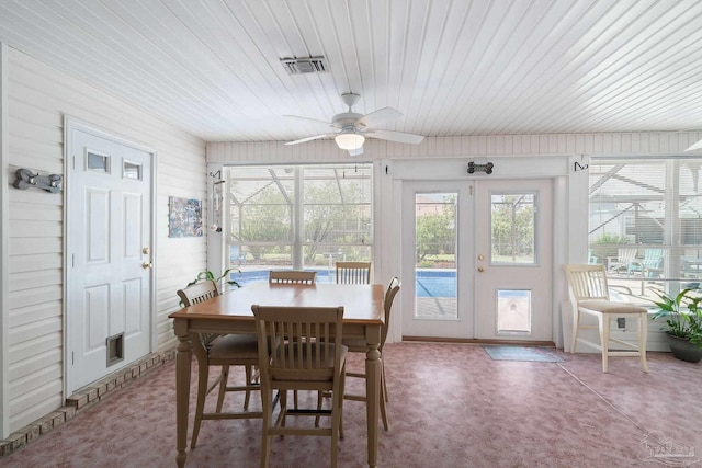 interior space featuring wooden ceiling, ceiling fan, and french doors