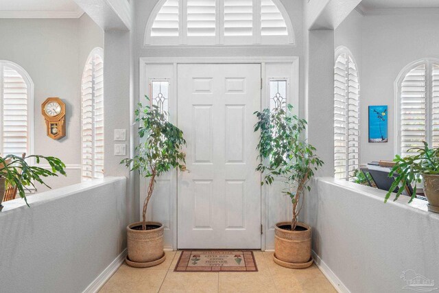 foyer with ornamental molding, tile patterned floors, and a healthy amount of sunlight