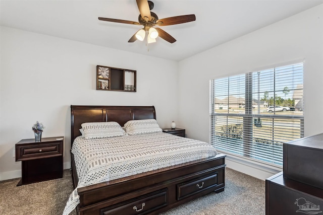 bedroom featuring carpet floors, ceiling fan, and baseboards