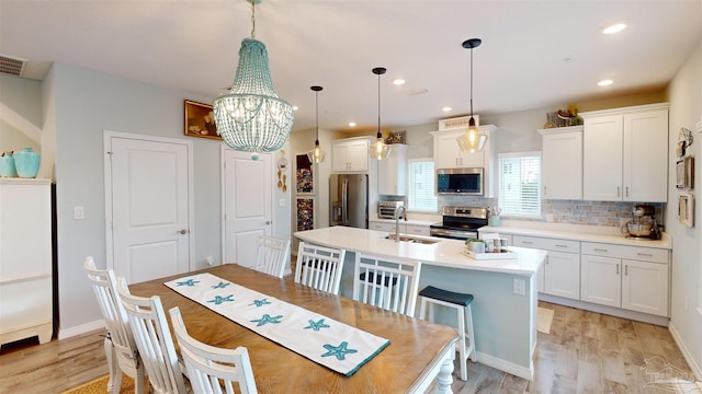 kitchen with stainless steel appliances, tasteful backsplash, a kitchen island with sink, decorative light fixtures, and white cabinets