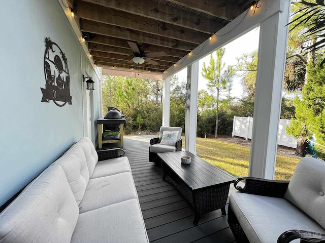 view of patio / terrace featuring an outdoor hangout area, ceiling fan, and area for grilling