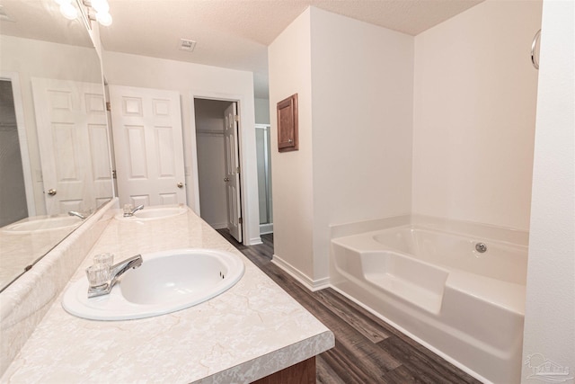 bathroom featuring wood finished floors, a garden tub, double vanity, and baseboards