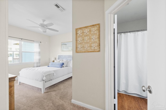 carpeted bedroom featuring ceiling fan