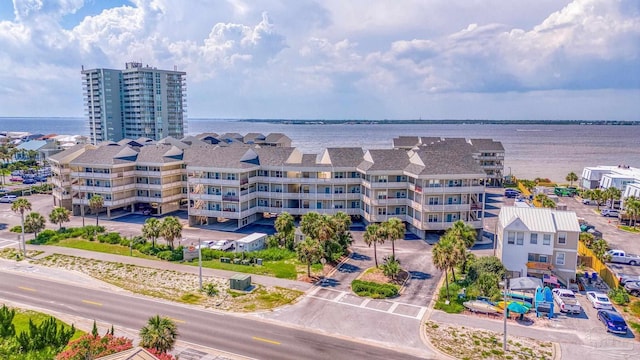 drone / aerial view with a water view