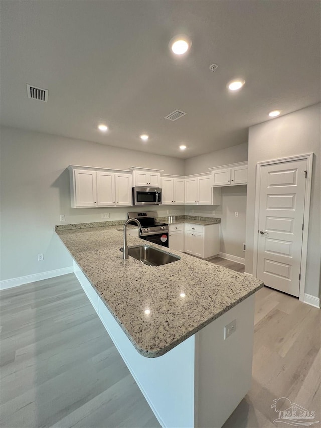 kitchen with white cabinetry, sink, stainless steel appliances, and kitchen peninsula