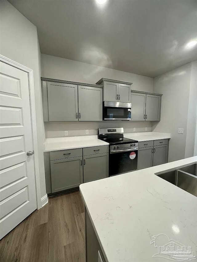1636 Slate Dr, Cantonment, FL 32533 - kitchen featuring appliances with stainless steel finishes, gray cabinets, dark wood-type flooring, a sink, and light stone counters