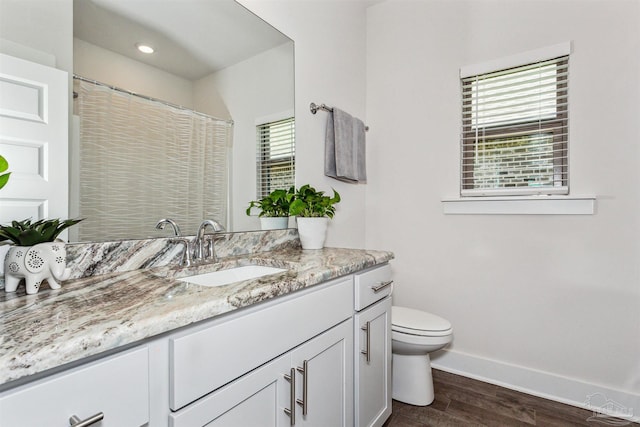 bathroom featuring vanity, toilet, and wood-type flooring