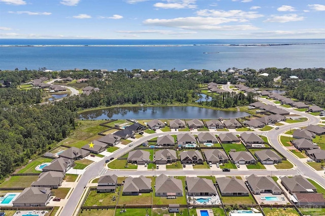 aerial view featuring a water view