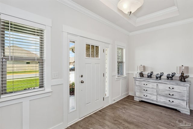 foyer with dark wood-type flooring, crown molding, and a tray ceiling