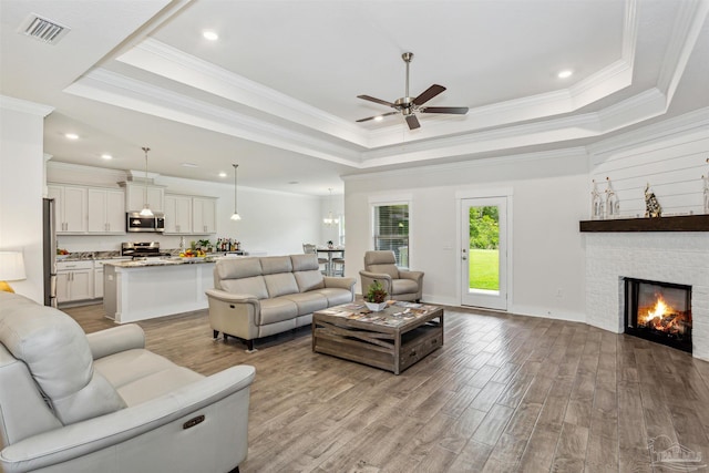 living room featuring a large fireplace, light hardwood / wood-style floors, ornamental molding, and a tray ceiling